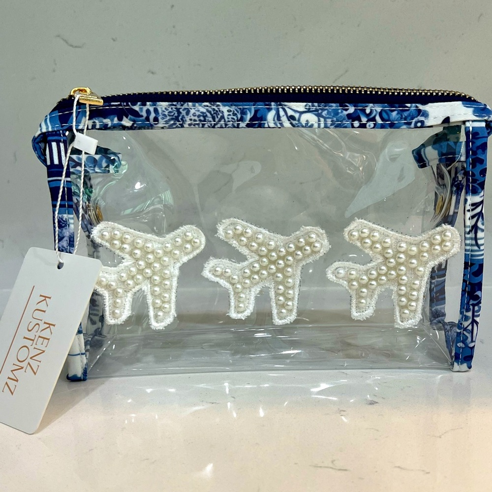 NWT Kenz Kustomz clear and blue Pearl airplanes Zippered Plastic Clear Pouch Bag